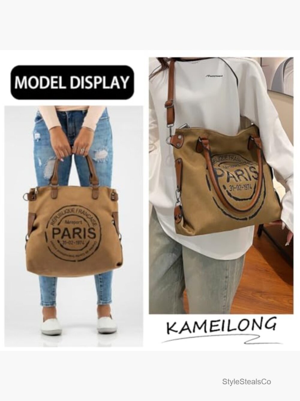 Large Canvas Tote Bag with Zipper Crossbody Laptop Shoulder Hobo Handbag - Picture 2 of 7